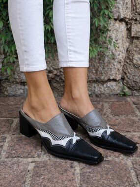 MATERIA PRIMA Mixed Media Black and Greige Leather Mules with Houndstooth, 39